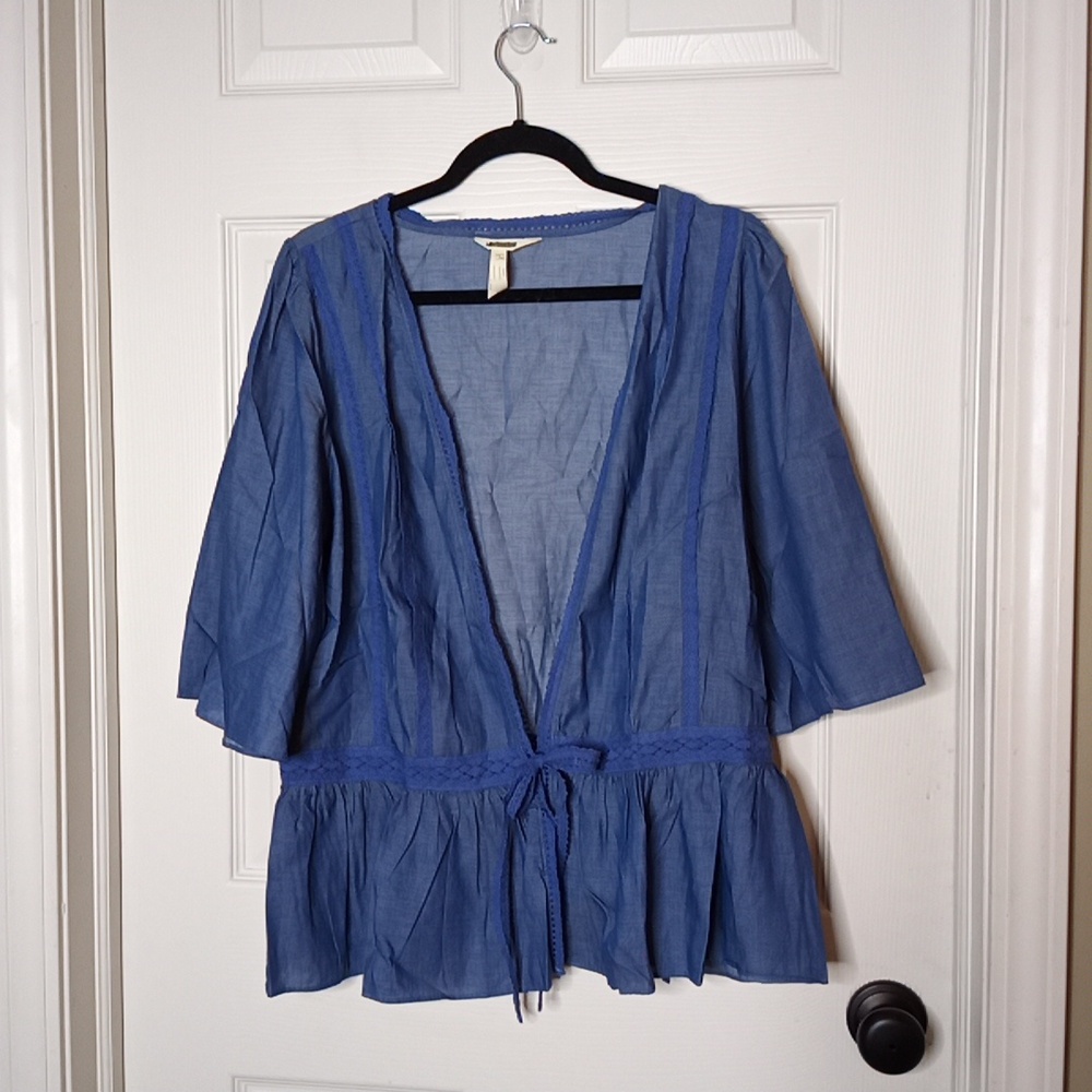New Matilda Jane Chambray Coverall Tie Front Light Weight Top Cardigan S…